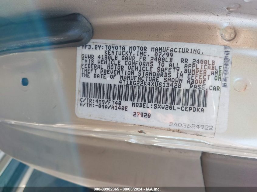 1999 Toyota Camry Ce VIN: 4T1BG22K4XU613428 Lot: 39982365