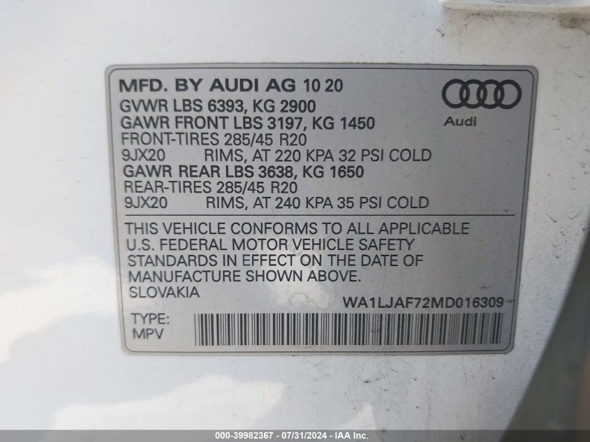 2021 Audi Q7 Premium Plus VIN: WA1LJAF72MD016309 Lot: 39982367