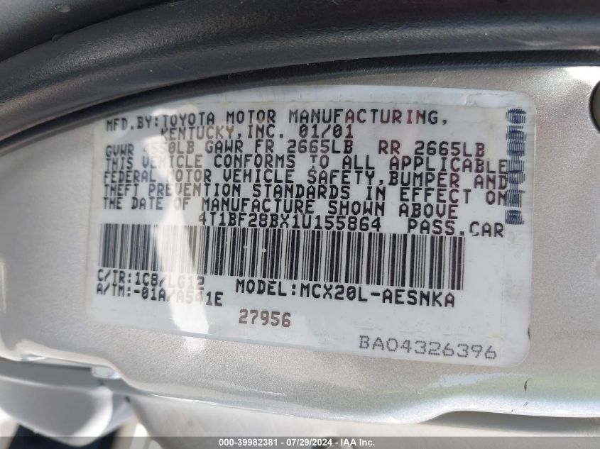 2001 Toyota Avalon Xl VIN: 4T1BF28BX1U155864 Lot: 39982381