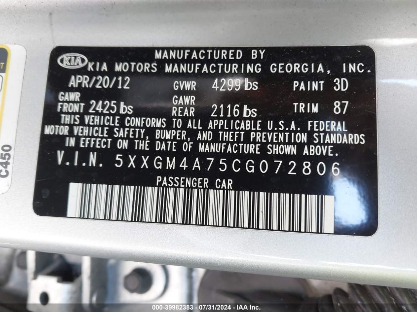 2012 Kia Optima Lx VIN: 5XXGM4A75CG072806 Lot: 39982383