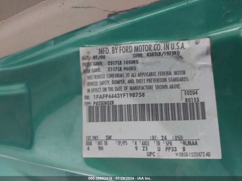 2000 Ford Mustang VIN: 1FAFP4443YF198758 Lot: 39982416