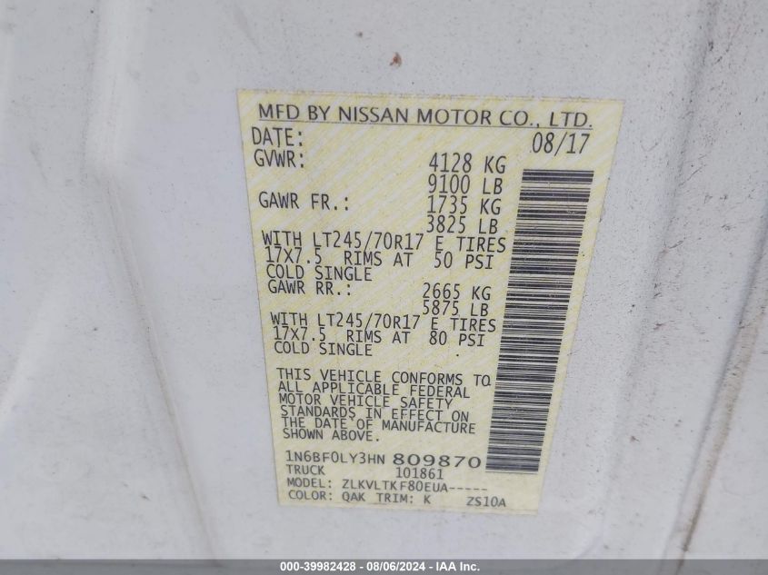 2017 Nissan Nv Cargo Nv2500 Hd 2500 S/2500 Sv/2500 Sl VIN: 1N6BF0LY3HN809870 Lot: 39982428