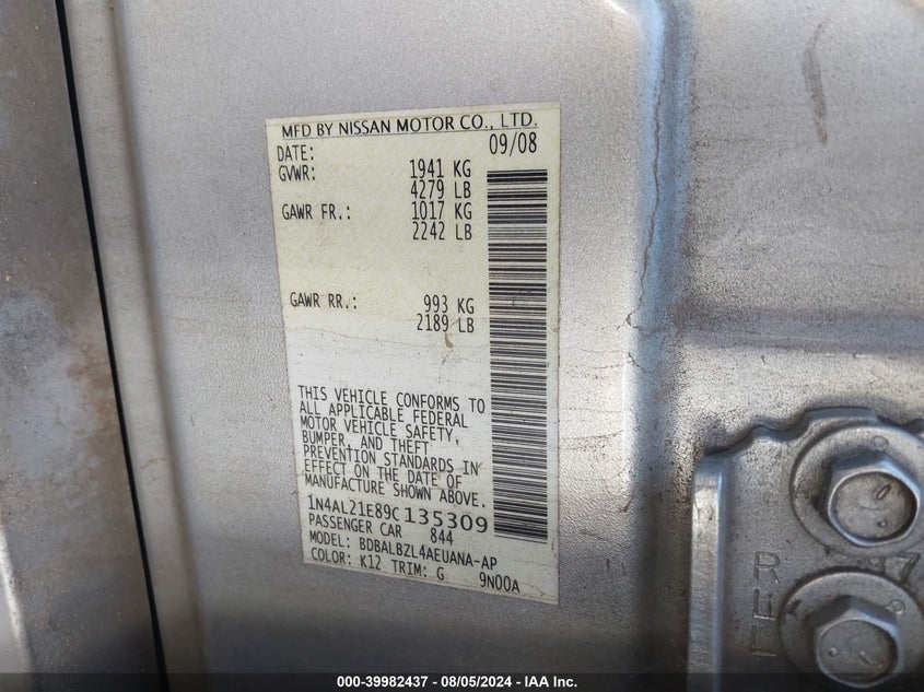 2009 Nissan Altima 2.5/2.5S VIN: 1N4AL21E89C135309 Lot: 39982437