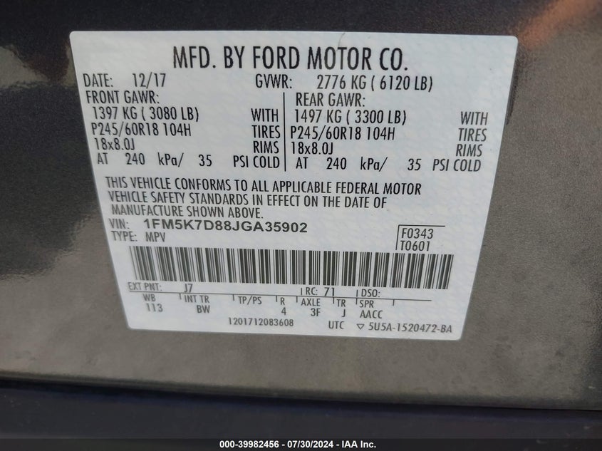VIN 1FM5K7D88JGA35902 2018 FORD EXPLORER XLT