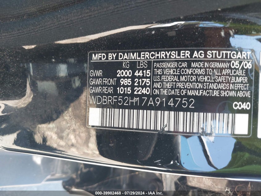 2007 Mercedes-Benz C 230 Sport VIN: WDBRF52H17A914752 Lot: 39982468