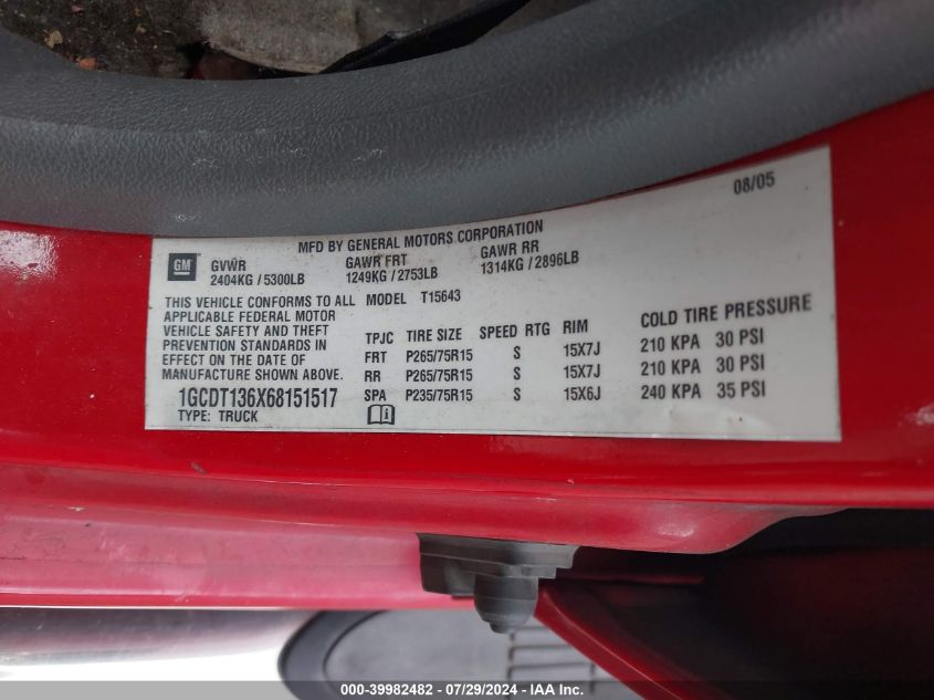 2006 Chevrolet Colorado VIN: 1GCDT136X68151517 Lot: 39982482