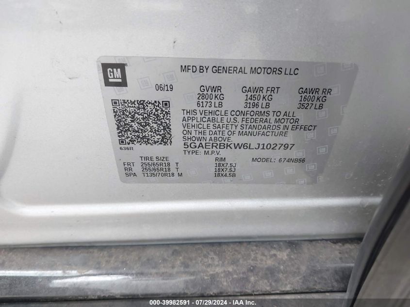 2020 Buick Enclave Fwd Essence VIN: 5GAERBKW6LJ102797 Lot: 39982591