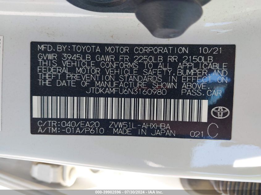 2022 Toyota Prius Nightshade Edition VIN: JTDKAMFU6N3160980 Lot: 39982596