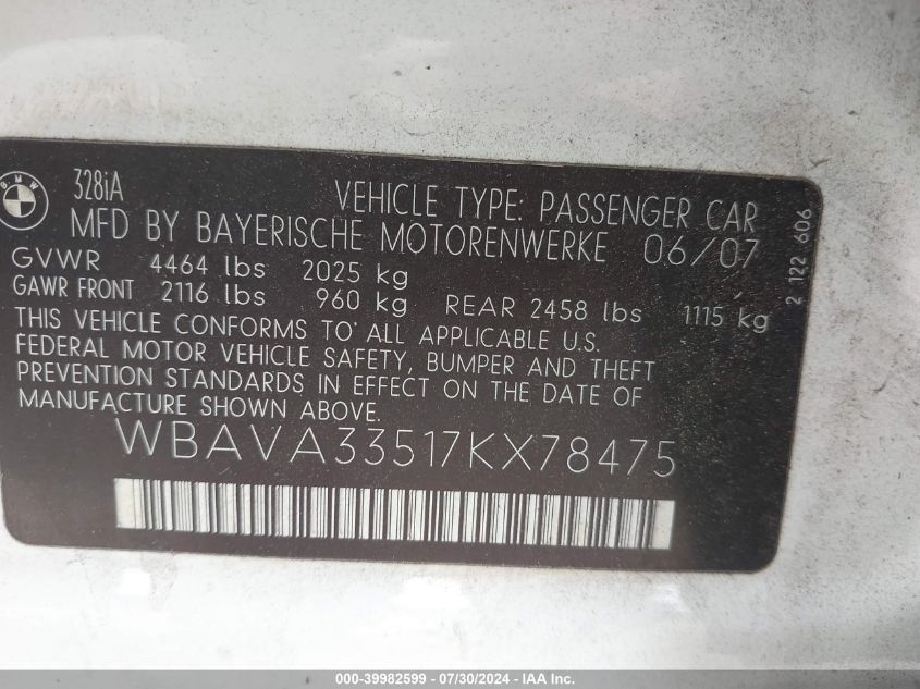2007 BMW 328I VIN: WBAVA33517KX78475 Lot: 39982599