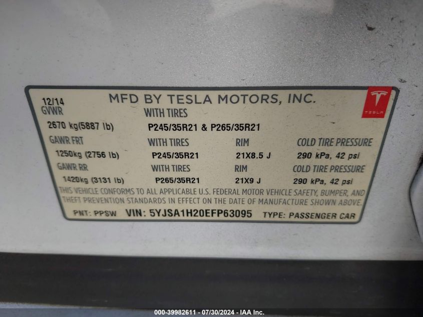 2014 Tesla Model S P85D VIN: 5YJSA1H20EFP63095 Lot: 39982611