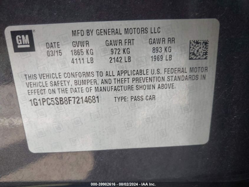 2015 Chevrolet Cruze 1Lt Auto VIN: 1G1PC5SB8F7214681 Lot: 39982616