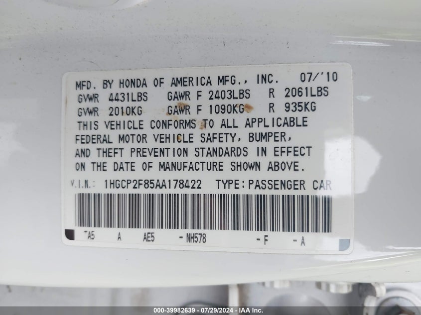 2010 Honda Accord Sdn 2.4 Ex-L/Ex-L VIN: 1HGCP2F85AA178422 Lot: 39982639