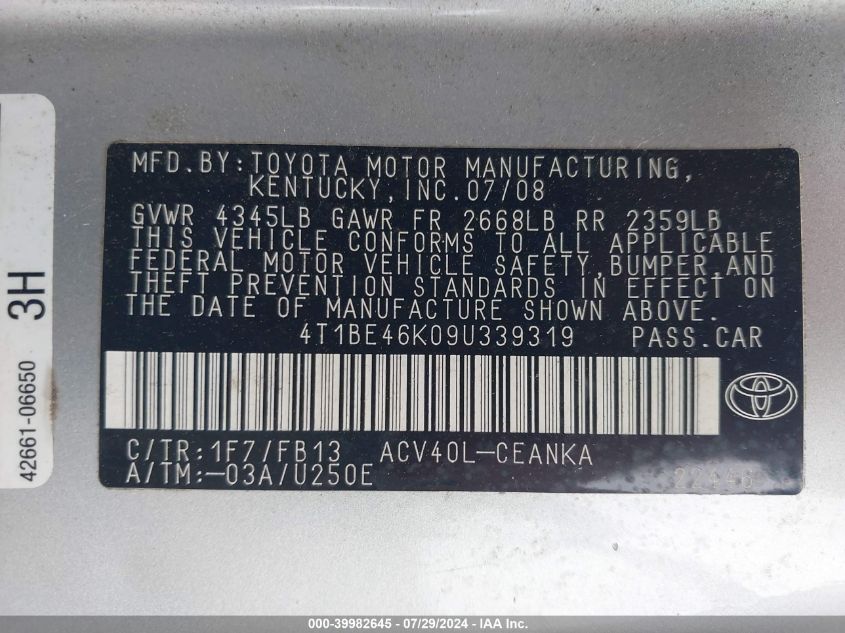 2009 Toyota Camry Le VIN: 4T1BE46K09U339319 Lot: 39982645