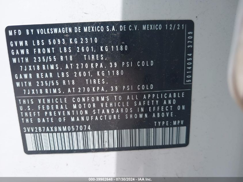 2022 Volkswagen Tiguan 2.0T Se VIN: 3VV2B7AX8NM057074 Lot: 39982648