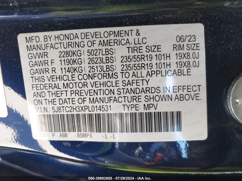 2023 Acura Rdx Standard VIN: 5J8TC2H3XPL014531 Lot: 39982685