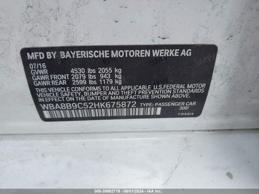 2017 BMW 330I I VIN: WBA8B9C52HK675872 Lot: 39982719