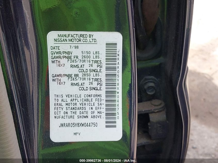 1999 Infiniti Qx4 VIN: JNRAR05Y8XW044750 Lot: 39982736