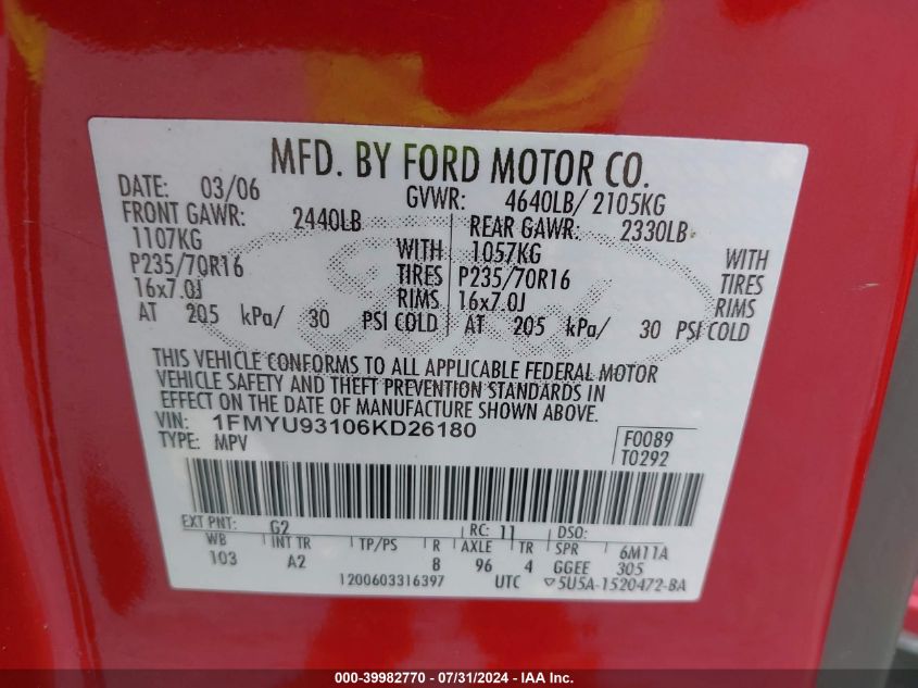 2006 Ford Escape Xlt/Xlt Sport VIN: 1FMYU93106KD26180 Lot: 39982770