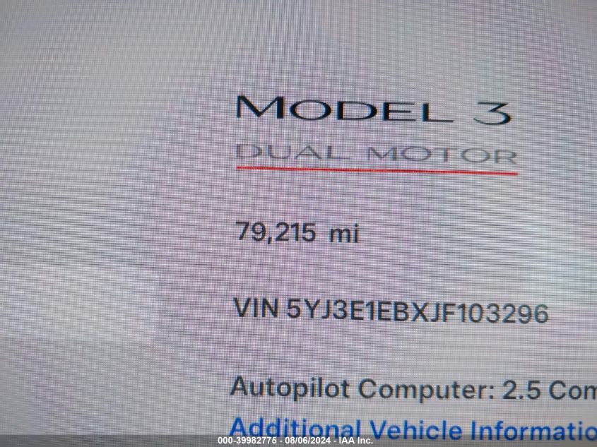 2018 Tesla Model 3 Long Range/Performance VIN: 5YJ3E1EBXJF103296 Lot: 39982775