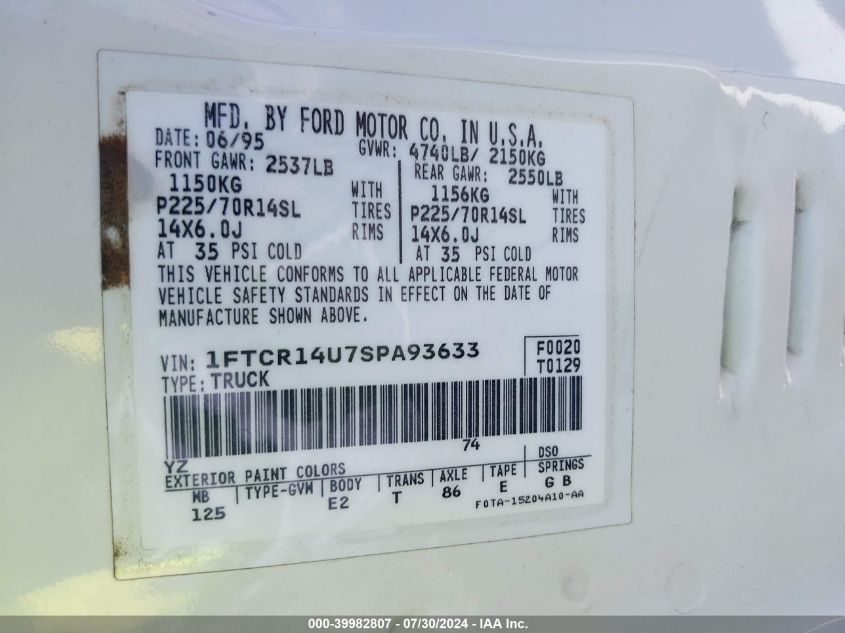1995 Ford Ranger Super Cab VIN: 1FTCR14U7SPA93633 Lot: 39982807