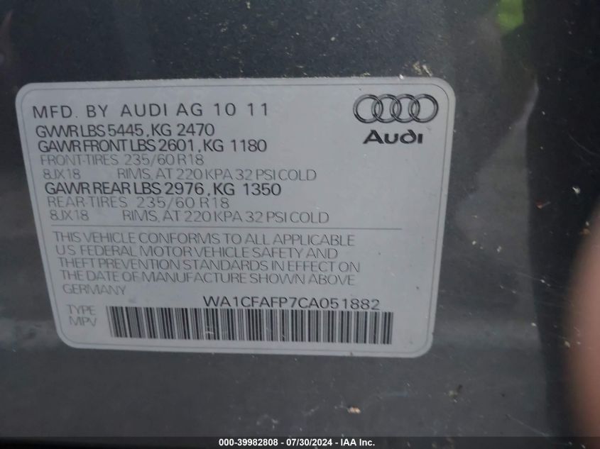 2012 Audi Q5 Premium VIN: WA1CFAFP7CA051882 Lot: 39982808