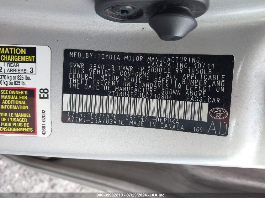 2011 Toyota Corolla VIN: 2T1BU4EE3BC710804 Lot: 39982810