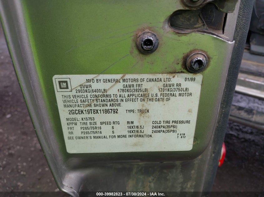 1999 Chevrolet Silverado 1500 Ls VIN: 2GCEK19T8X1186792 Lot: 39982823