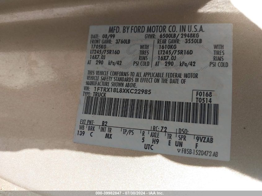 1999 Ford F-150 Lariat/Xl/Xlt VIN: 1FTRX18L8XKC22985 Lot: 39982847