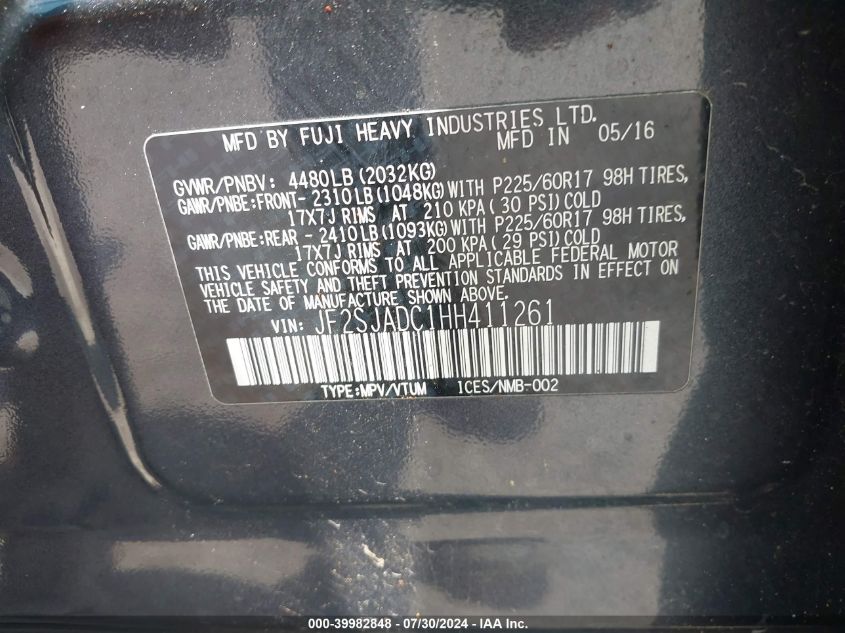 2017 Subaru Forester 2.5I Premium VIN: JF2SJADC1HH411261 Lot: 39982848