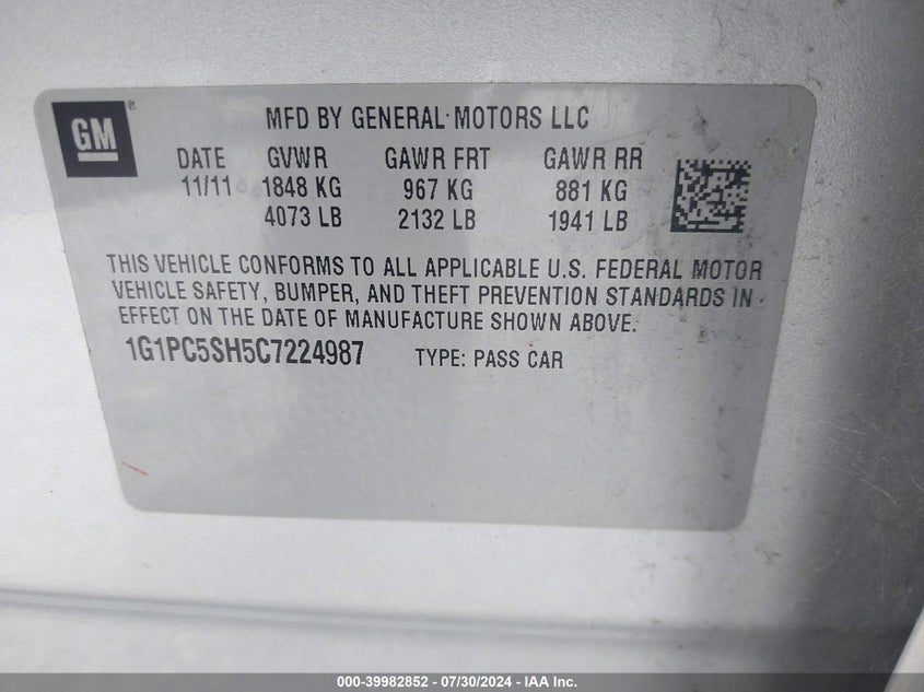 1G1PC5SH5C7224987 2012 Chevrolet Cruze Ls