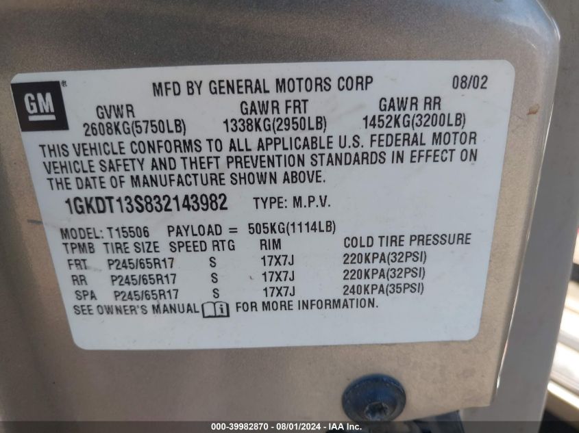 2003 GMC Envoy Sle VIN: 1GKDT13S832143982 Lot: 39982870