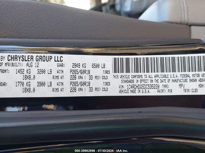 2013 Dodge Durango Crew VIN: 1C4RDHDG5DC535220 Lot: 39982896