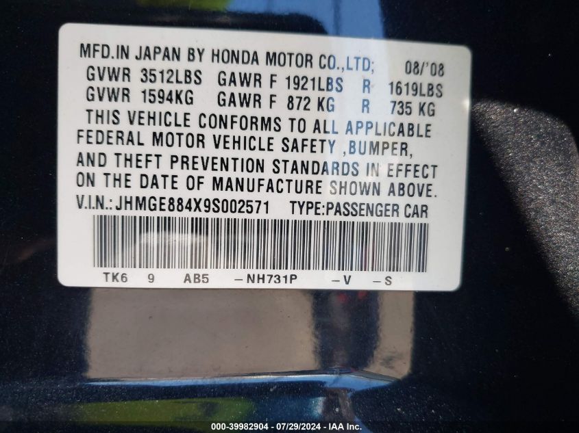 2009 Honda Fit Sport VIN: JHMGE884X9S002571 Lot: 39982904