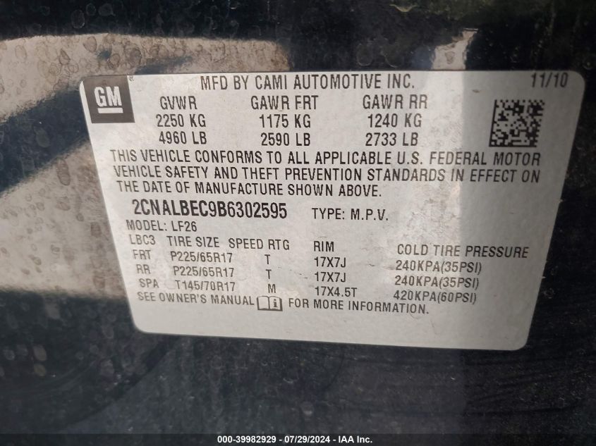 2011 Chevrolet Equinox Ls VIN: 2CNALBEC9B6302595 Lot: 39982929