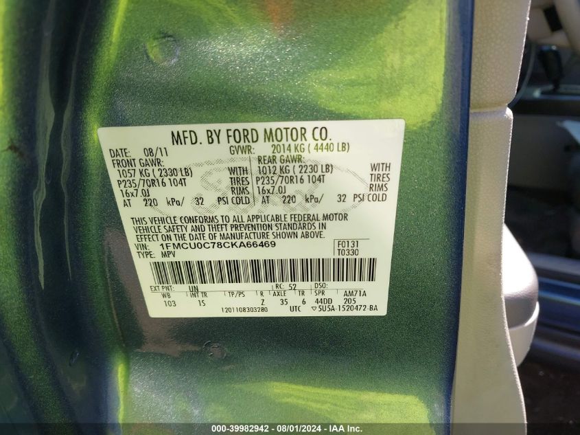 2012 Ford Escape Xls VIN: 1FMCU0C78CKA66469 Lot: 39982942