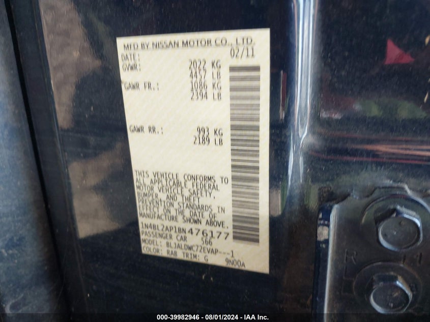 2011 Nissan Altima 3.5 Sr VIN: 1N4BL2AP1BN476177 Lot: 39982946