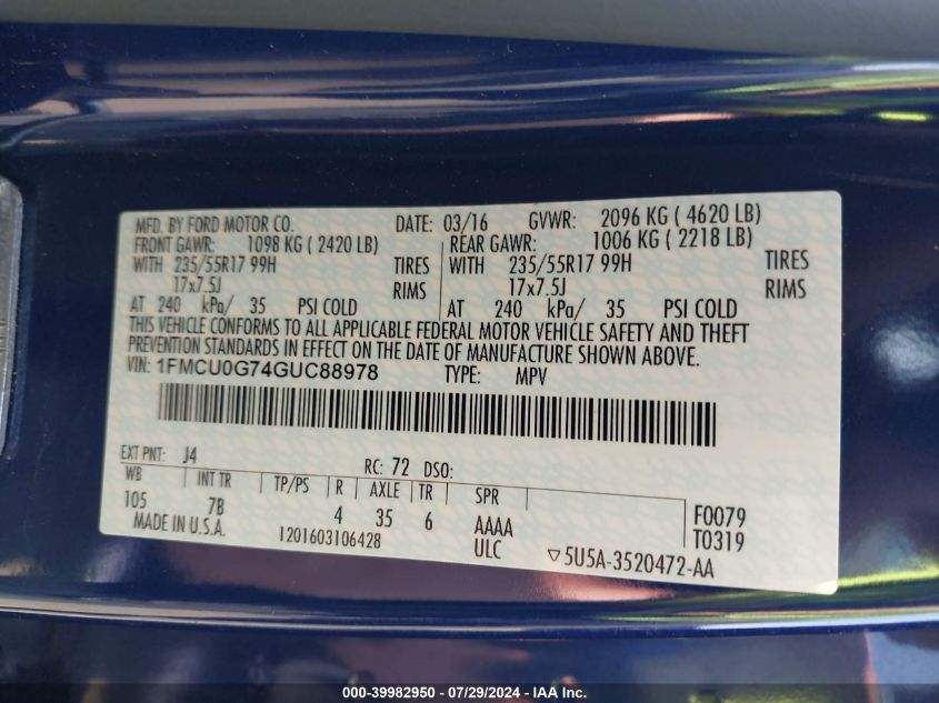 2016 Ford Escape Se VIN: 1FMCU0G74GUC88978 Lot: 39982950