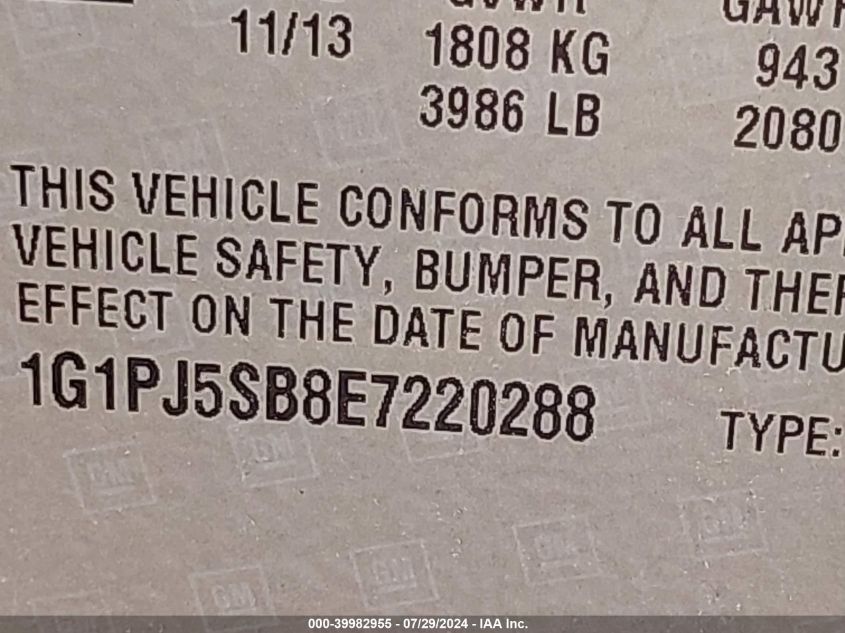 2014 Chevrolet Cruze Eco Manual VIN: 1G1PJ5SB8E7220288 Lot: 39982955