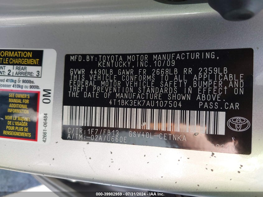 2010 Toyota Camry Le V6/Se V6/Xle V6 VIN: 4T1BK3EK7AU107504 Lot: 39982959