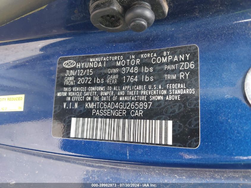 2016 HYUNDAI VELOSTER - KMHTC6AD4GU265897