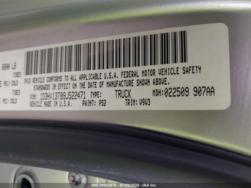 2009 Dodge Ram 1500 Slt/Sport/Trx VIN: 1D3HV13T89J522471 Lot: 39982976