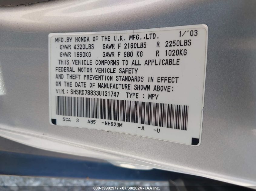 2003 Honda Cr-V Ex VIN: SHSRD78833U121747 Lot: 39982977