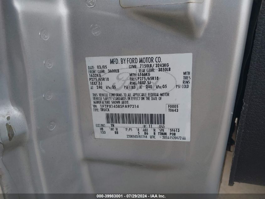 2005 Ford F-150 Fx4/Lariat/Xl/Xlt VIN: 1FTPX14585FA97314 Lot: 39983001