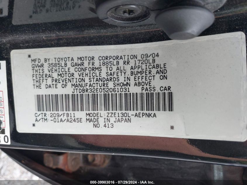 2005 Toyota Corolla Le VIN: JTDBR32E052061031 Lot: 39983016