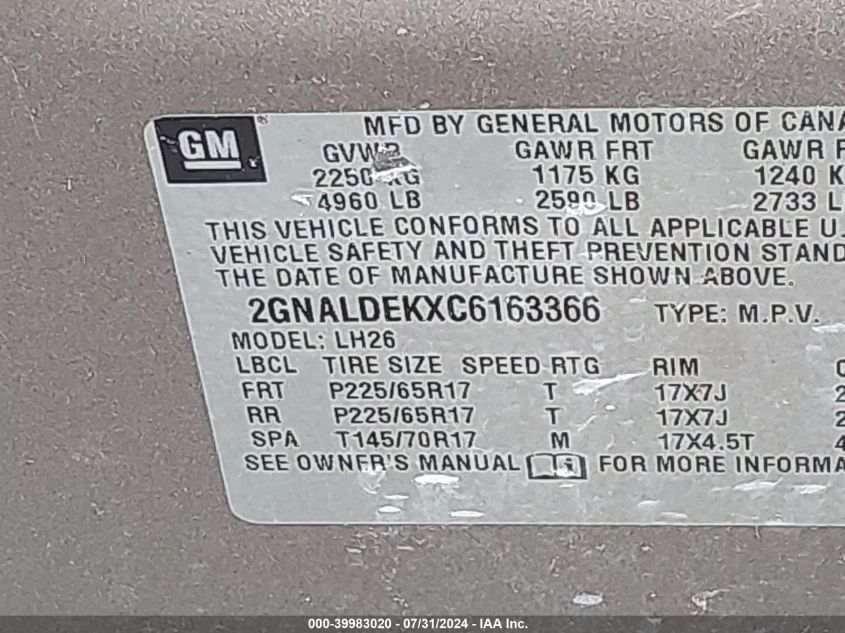 2012 Chevrolet Equinox 1Lt VIN: 2GNALDEKXC6163366 Lot: 39983020