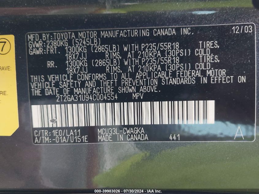 2004 Lexus Rx 330 VIN: 2T2GA31U94C004554 Lot: 39983026