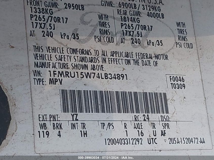 2004 Ford Expedition Xlt VIN: 1FMRU15W74LB34891 Lot: 39983034