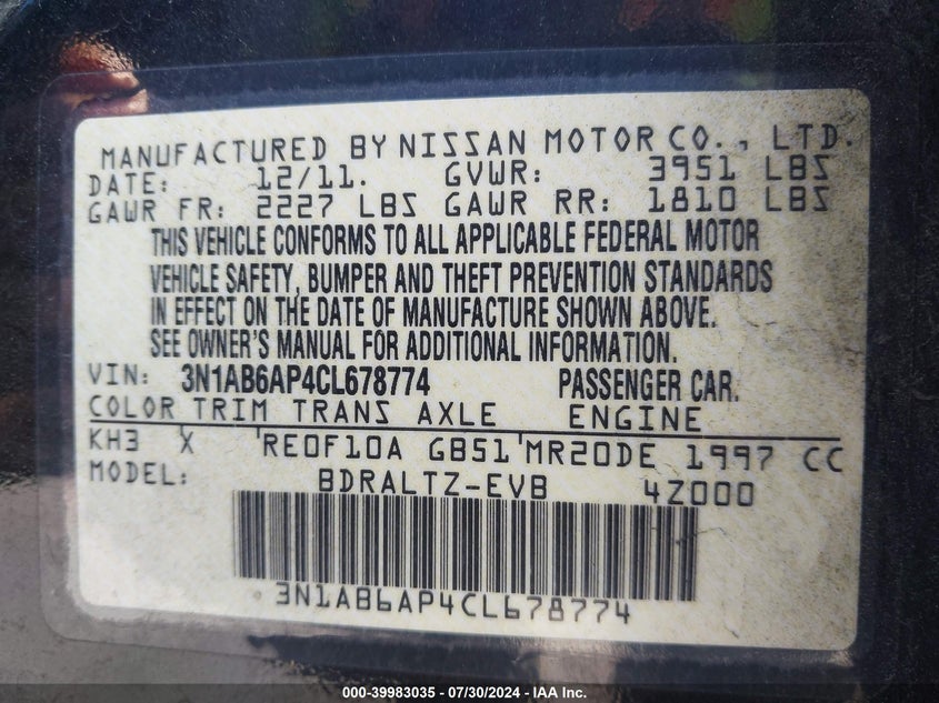 2012 Nissan Sentra 2.0 Sr VIN: 3N1AB6AP4CL678774 Lot: 39983035