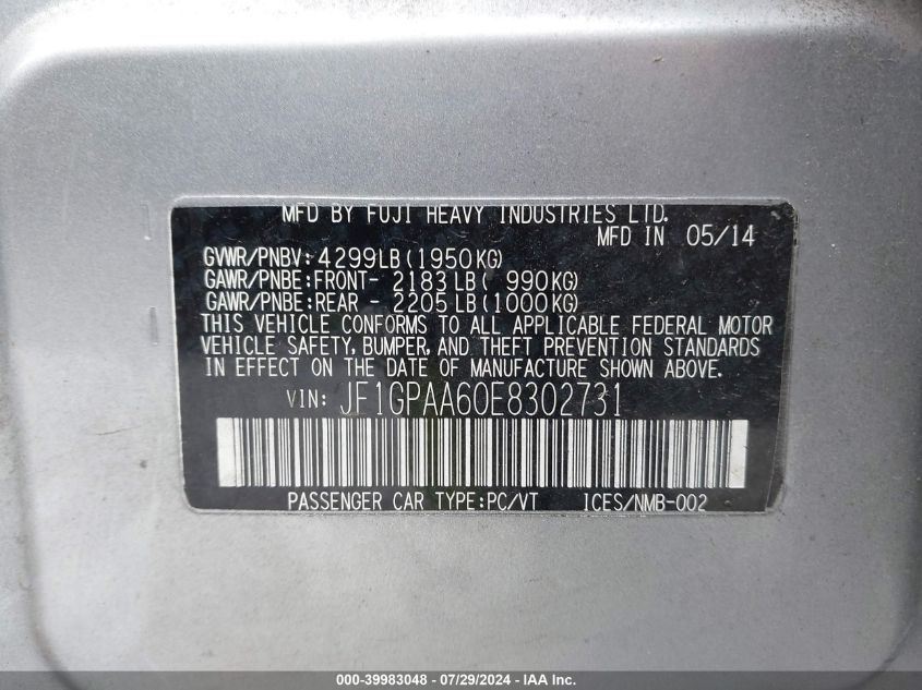 2014 SUBARU IMPREZA 2.0I - JF1GPAA60E8302731