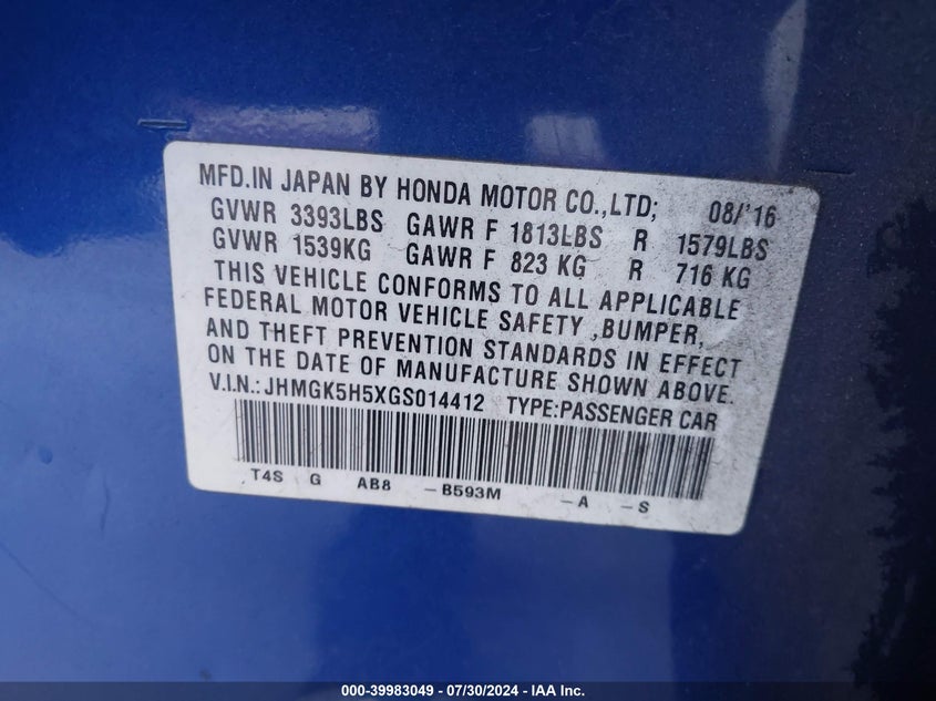 2016 HONDA FIT LX - JHMGK5H5XGS014412